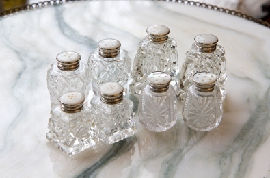 $25 each. Button top crystal salt and pepper sets