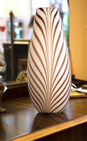 $50 Tall cased art glass vase - white with brown leafy stripe pattern
