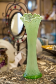 SOLD Green opalescent glass vase with leafy pattern. Circa 1906.