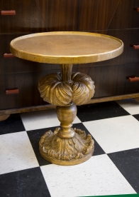 $650 Gold carved round wood Baroque occasional table with glass inlay. Circa 18th Century