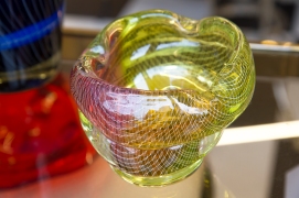 $85 Unique Czech art glass bowl with fine threading and green to pink ombre.