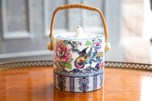 $110 Antique Losolware Shanghai pattern biscuit barrel with bamboo handle. Circa 1910